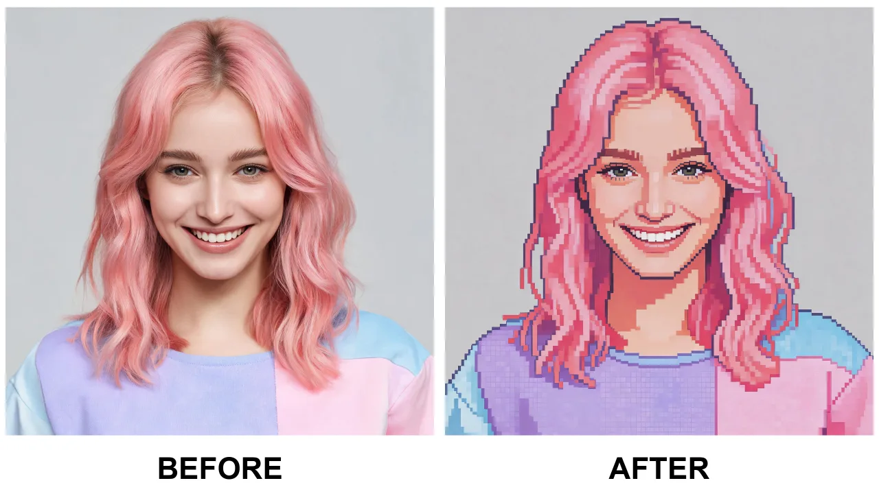 retro pixel filter example: before and after photo edited with AI Filtery