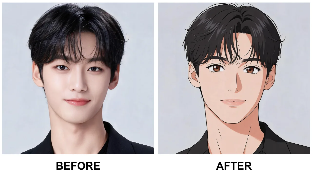 ai anime filter example: before and after photo edited with AI Filtery