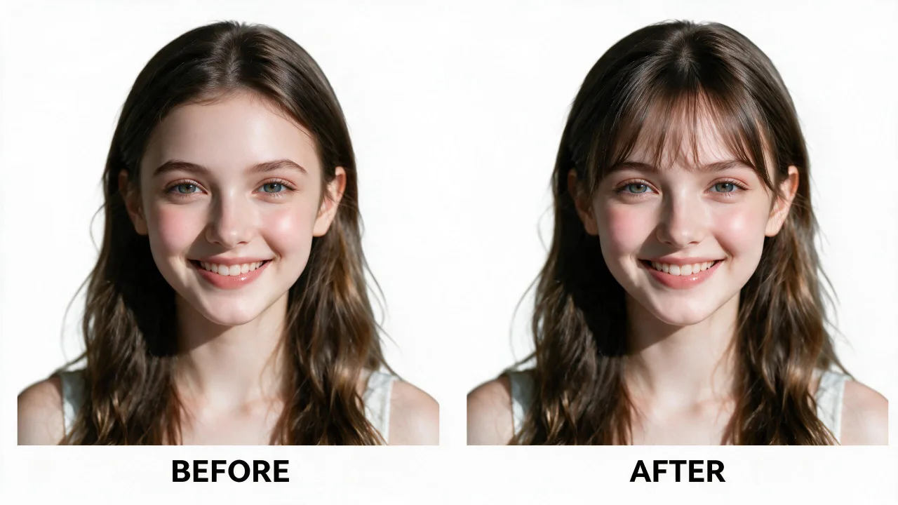 bangs filter online example: before and after photo edited with AI Filtery