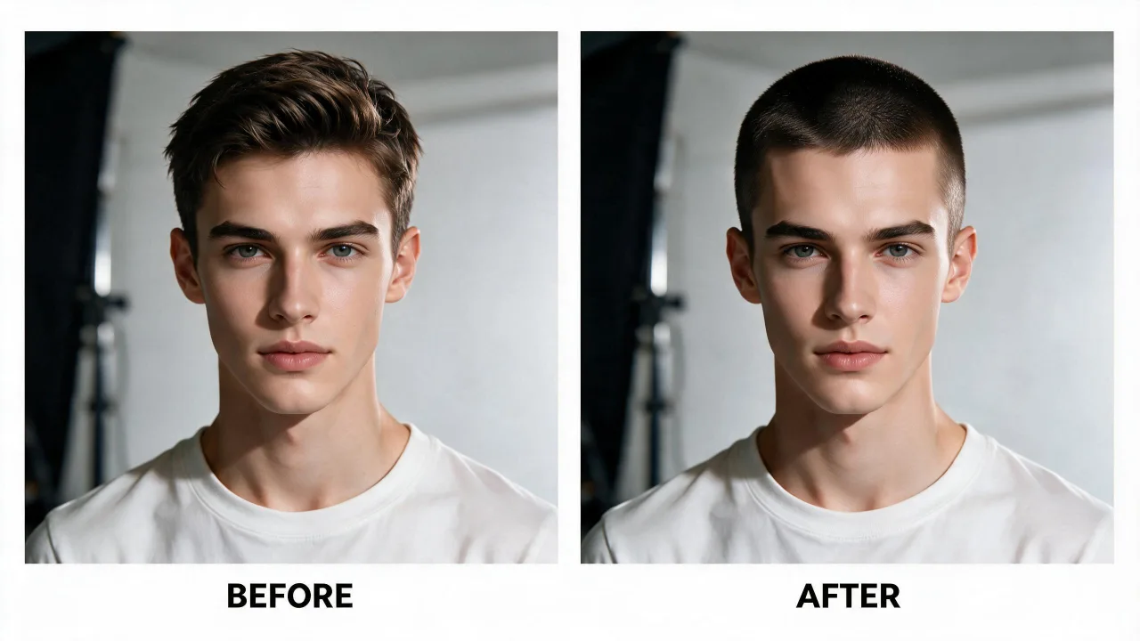buzz cut filter example: before and after photo edited with AI Filtery