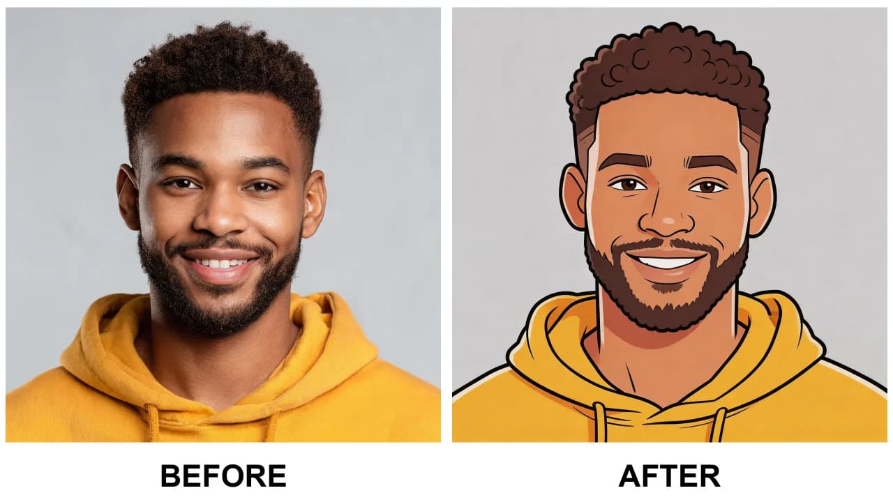 ai cartoon filter example: before and after photo edited with AI Filtery