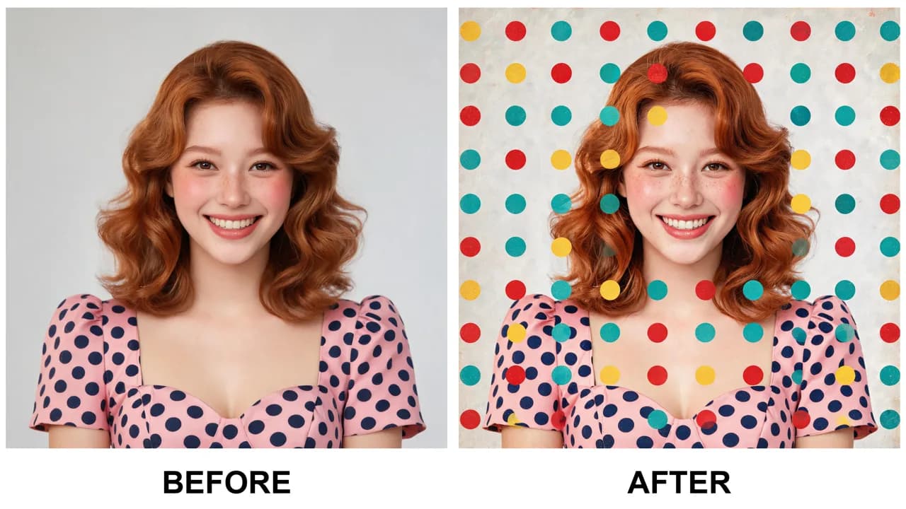 ai polka dot filter example: before and after photo edited with AI Filtery
