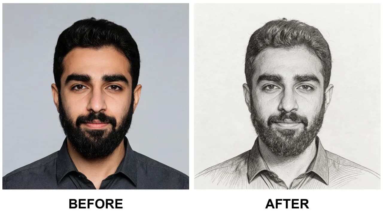 ai sketch filter example: before and after photo edited with AI Filtery