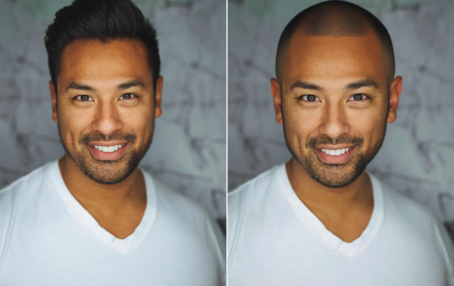buzz cut filter example: before and after photo edited with AI Filtery